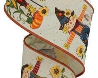 Scarecrow Ribbon, Fall Ribbon, Glitter Ribbon,  Pumpkin Ribbon, Burlap Ribbon, 2.5" Wire Edge Ribbon, 10 Yard Roll, RGB1278C2
