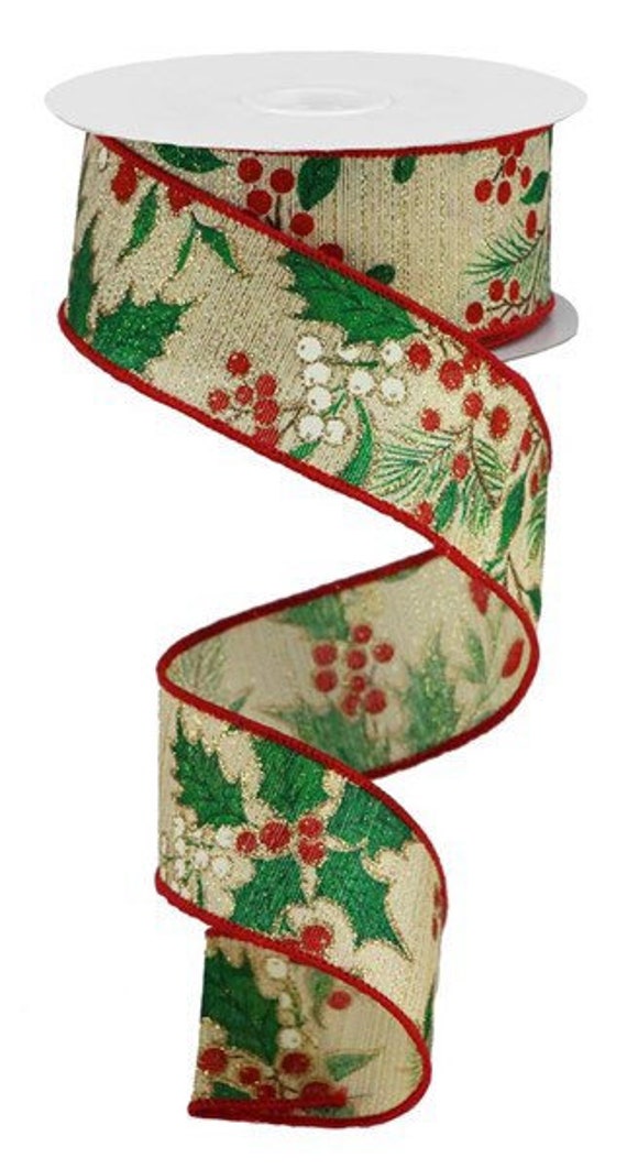 Christmas Ribbon, Holly Berry Ribbon, 1-1/2 Christmas Ribbon, Christmas  Holly Berry Ribbon, Wired Ribbon, 10 YD Roll, Burlap Ribbon