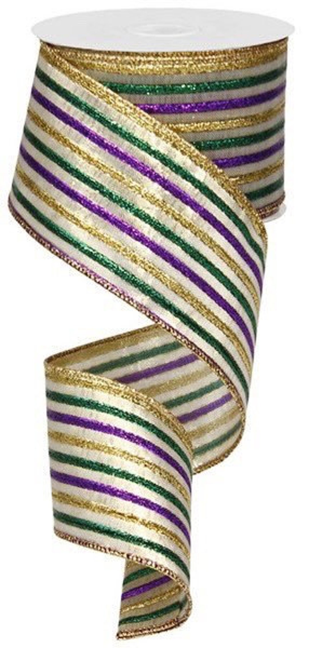 Mardi Gras Ribbon, Purple Green and Gold Stripe Ribbon, 1.5 Wire Edge