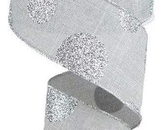 Christmas Ribbon, Silver Ribbon, Polka Dot Ribbon, Silver Polka Dot Ribbon, Christmas Polka Dot, 2.5" Wired Ribbon, 10 Yard Roll, RG0182910