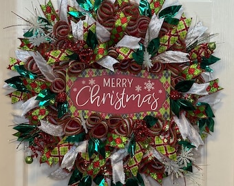 Merry Christmas Door Wreath, Merry Christmas Wreath, Red Green Holiday Decor, Christmas Front Door Wreath, Handmade Holiday Decor,Door Decor