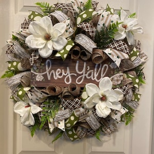 Magnolia Wreath, Hey Y&#39;all Wreath, Southern Wreath, Floral Wreath, Door Wreath, Summer Wreath, Fall Wreath, Everyday Wreath