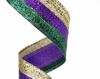 May include: A spool of gold, purple, and green striped ribbon with a metallic sheen. The ribbon is 2.5 inches wide.