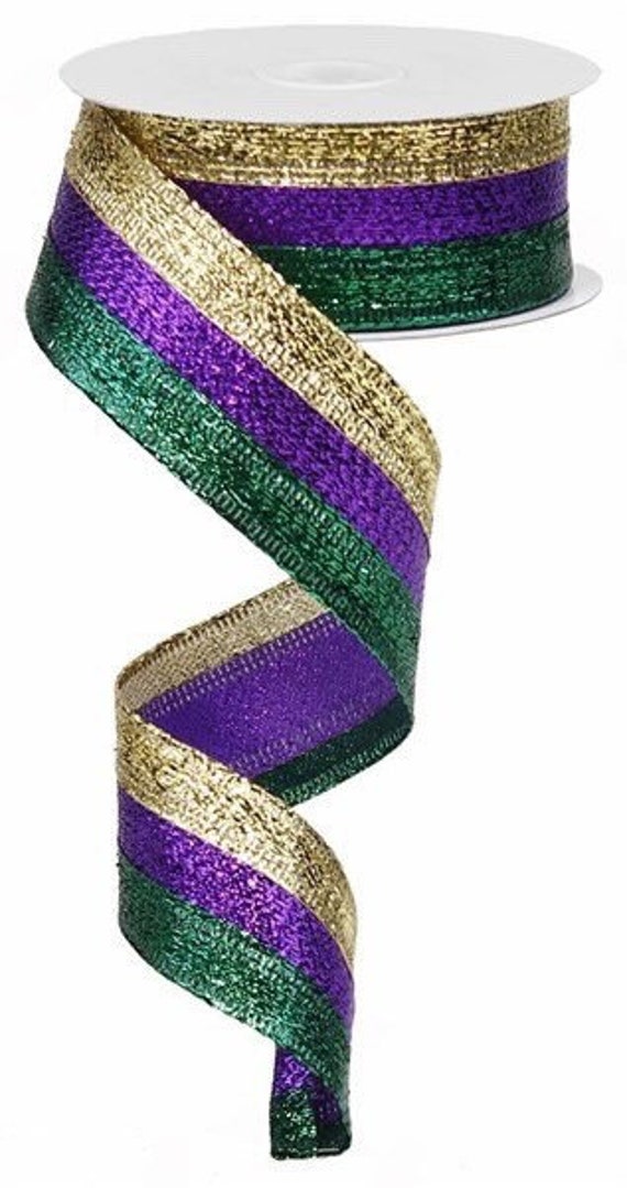 Mardi Gras Ribbon, Stripe Ribbon, Purple Green and Gold Stripe Ribbon,  Purple Metallic Ribbon, 10 Yard Roll, 2.5 Wired Edge Ribbon