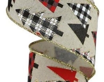 Christmas Ribbon, Christmas Tree Ribbon, Buffalo Check Ribbon, 2.5&quot; Wired Ribbon, 10 Yard Roll, Burlap Ribbon, RGB10573K