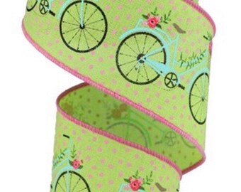 Bike Ribbon, Spring Ribbon, Floral Ribbon, Teal Ribbon, Green Ribbon, Burlap Ribbo, 2 1/2" Wired Ribbon, 10 Yard Roll