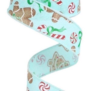 May include: A 2.5 inch wide aqua blue ribbon with a printed design of gingerbread men, candy canes, and peppermint candies.