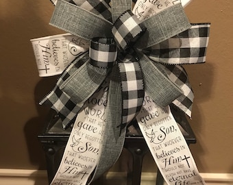 Religious Bow, John 3:16 Bow, Buffalo Check Bow, Burlap Bow, Religious Wreath Bow, Religious Lantern Bow, Wreath Bow, Basket Bow