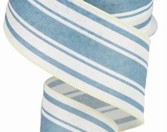 Farmhouse Ribbon, Farmhouse Stripe Ribbon,  Blue Farmhouse Ribbon, Farmhouse Blue, Royal Burlap Ribbon, Wired Ribbon, 2 1/2", 10 Yd Roll