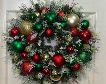 Christmas Wreath, Red and Green Christmas Wreath, Winter Wreath, Pine Wreath, Ornament Wreath, Elegant Winter Wreath,Floral Christmas Wreath