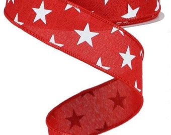 Patriotic Ribbon, Star Ribbon, Red Ribbon, USA Ribbon, 4th of July Ribbon, Burlap Ribbon, 1.5" Wired Ribbon, 10 Yard Roll, RGA111224