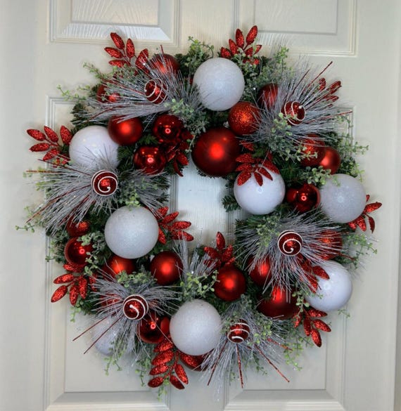 Christmas Wreath, Red and White Christmas Wreath, Winter Wreath