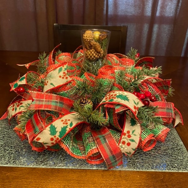 Christmas Centerpiece, Holiday Centerpiece, Rustic Centerpiece, Traditional Centerpiece,  Table Decor, Candle Holder, Small Christmas Wreath