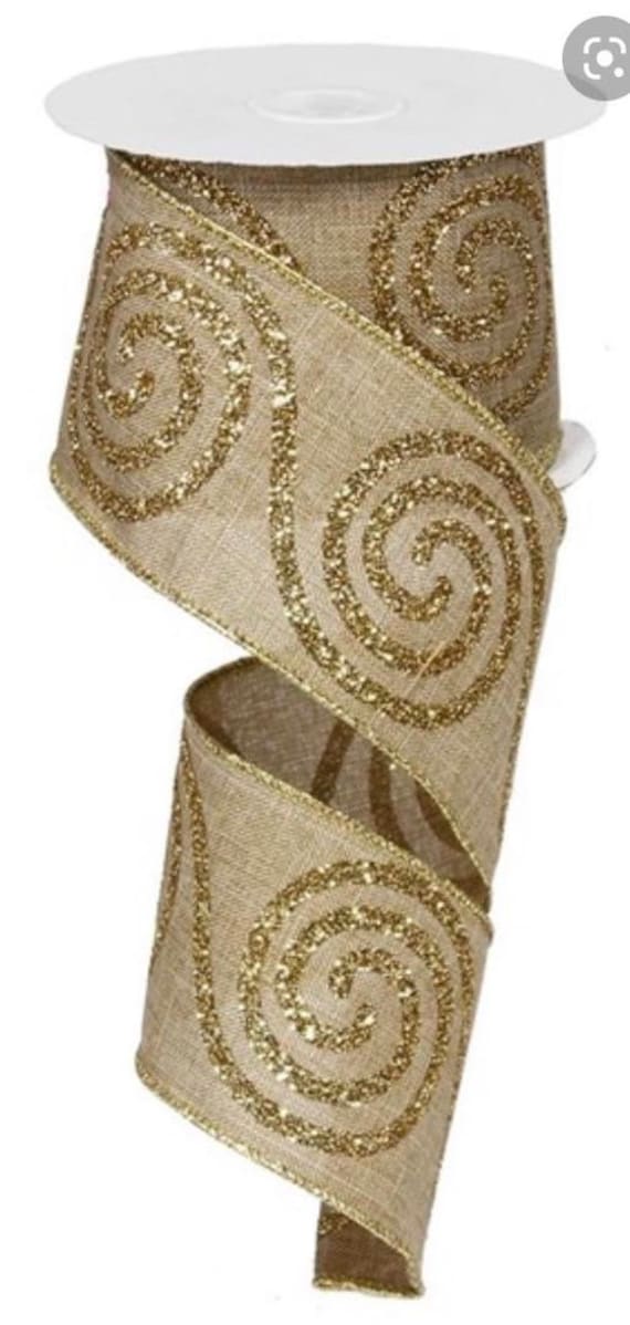 Gold Swirl Ribbon, Christmas Ribbon, 2.5" Wired Edge Ribbon, Burlap Ribbon, Gold Glitter Ribbon, Gold Ribbon, RG0140901