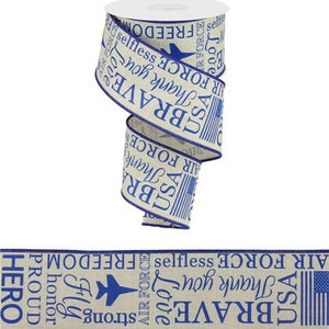 May include: A beige ribbon with blue text that says "USA", "BRAVE", "AIR FORCE", "Thank you", "selfless", "FREEDOM", "strong", "Fly", "honor", "PROUD", and "HERO".