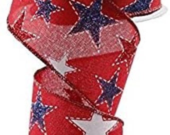 Patriotic Ribbon,Red Star Ribbon, Red Glitter Star Ribbon, USA Ribbon, 2.5" Wired Ribbon, 10 Yard Roll, RG0165824