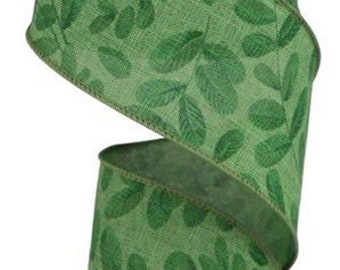 Green Ribbon, Greenery Ribbon, Leaf Ribbon, Bold Leaf Ribbon, Burlap Ribbon, 2 1/2", Wire Ribbon, 10 Yard Roll