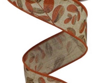 Fall Ribbon, Fall Leaves Ribbon, Bold Leaf Ribbon, Orange Leaf Ribbon, Burlap Ribbon, 1 1/2" Wired Ribbon, 10 Yard Roll, RGC11971C