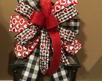 Valentine’s Day Bow, Heart Bow, Valentine’s  Day Wreath Bow, Valentine’s Day Lantern Bow, Buffalo Check Valentine’s Day Bow