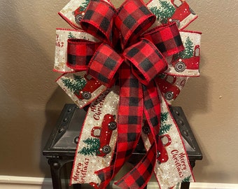 Christmas Bow, Vintage Red Truck Bow, Buffalo Check Bow, Christmas Wreath Bow, Christmas Lantern Bow, Red and Black Plaid Christmas Bow