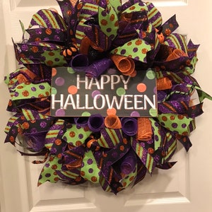 Happy Halloween Wreath, Halloween wreath for front door. door wreath, wreath for front door, Purple, Green and Orange Wreath