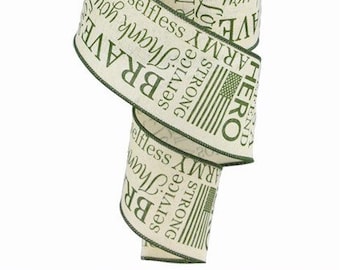 Army Ribbon, Green Army Ribbon, Military Ribbon, Burlap Ribbon, Patriotic Ribbon, 2 1/2" Wired Ribbon, 10 Yard Roll, RG01822J4