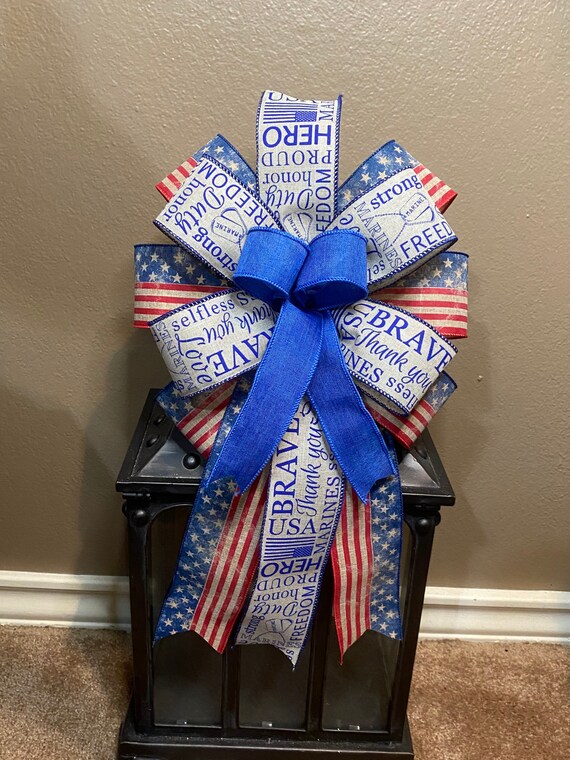 Patriotic Bow, Marines Bow, Military Bow, USA Bow, Memorial Day Bow, American Flag Bow, Wreath Bow, Lantern Bow, Basket Bow