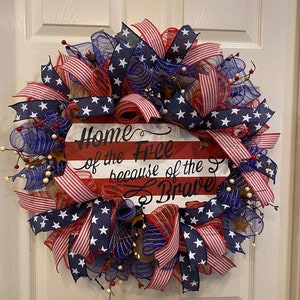 Patriotic Wreath, Home of the Free Because of the Brave, door wreath, 4th of July wreath, Memorial Day Wreath, Red White and Blue Wreath