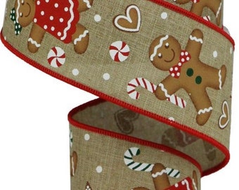 Christmas Ribbon, Gingerbread Man Ribbon, 2.5" Wired Ribbon, 10 Yard Roll, Candy Cane Ribbon, Burlap Ribbon, RGA123901