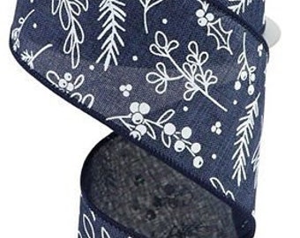 Blue Ribbon, Floral Ribbon, Blue Floral Ribbon, Burlap Ribbon, 2.5" Wired Ribbon, 10 Yard Roll, RGC172119