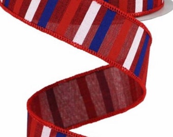 Patriotic Ribbon, Red White Blue Stripe Ribbon, Wired Ribbon, 1 1/2" Wired Ribbon, 10 Yard Roll, RGA120405