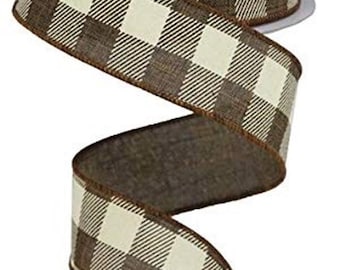 Brown Plaid Ribbon, Brown Buffalo Check Ribbon, Brown Ribbon, Royal Burlap Ribbon, Wired Ribbon, 1 1/2", 10 Yard Roll