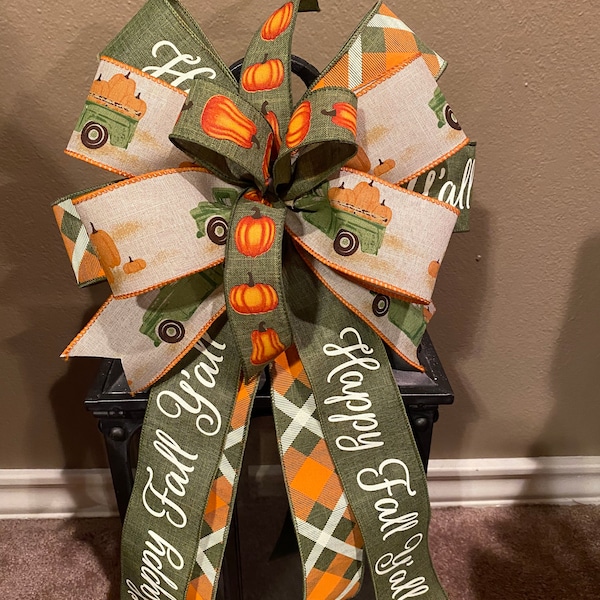 Fall Bow, Happy Fall Y’all Bow, Pumpkin Bow, Vintage Truck Bow, Green Bow, Fall Lantern Bow, Fall Wreath Bow, Door Hanger Bow