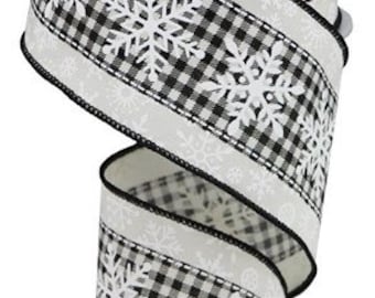 Christmas Ribbon, Black Ribbon, Snowflake Ribbon, Buffalo Check Ribbon, 10 Yard Roll, 2.5&quot; Wired Edge Ribbon, Burlap Ribbon, RGB1098C2