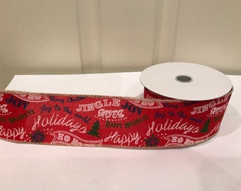 Wired Ribbon, 2 1/2", Merry Christmas Ribbon, 10 Yard Roll, Christmas Ribbon, Christmas Wired Edge Ribbon