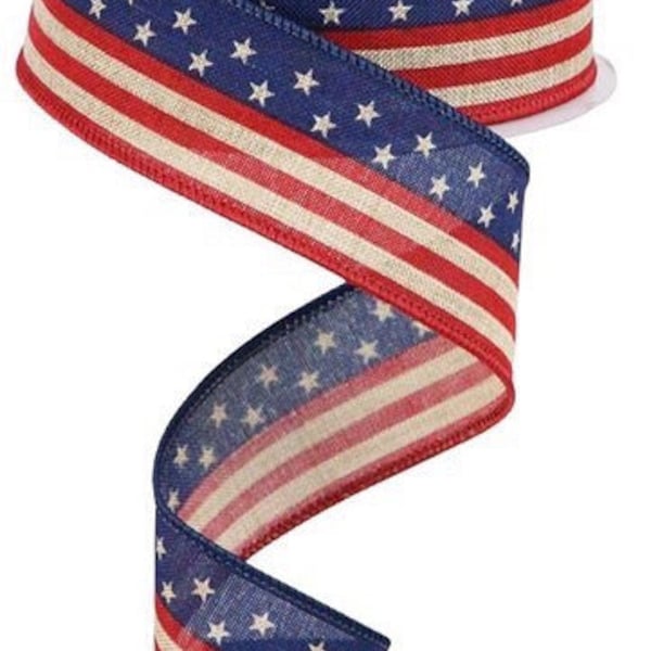 Patriotic Ribbon, American Flag Ribbon, Star and Stripes  Ribbon, USA Ribbon, 1.5" Wired Ribbon, 10 Yard Roll, RGC1304R2