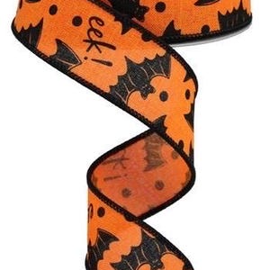 Halloween Ribbon, Bats Ribbon, Orange Ribbon, Black Ribbon, Halloween Wreath Ribbon, Halloween Bow Ribbon, 1.5&quot; Wired Ribbon, 10 Yard Roll