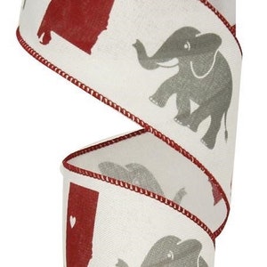 Alabama Ribbon, Elephant Ribbon, Crimson Tide Ribbon, Red Ribbon, White Ribbon, Wired Ribbon, 2 1/2" Wired Ribbon, 10 Yard Roll