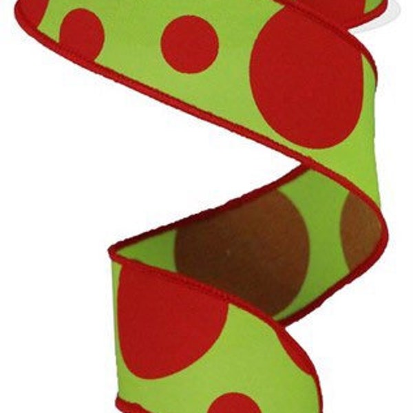 Christmas Ribbon, Red Polka Dot Ribbon, Green Polka Dot Ribbon, Christmas Polka Dot Ribbon, 1.5" Wired Ribbon, 10 Yard Roll, RGB115033