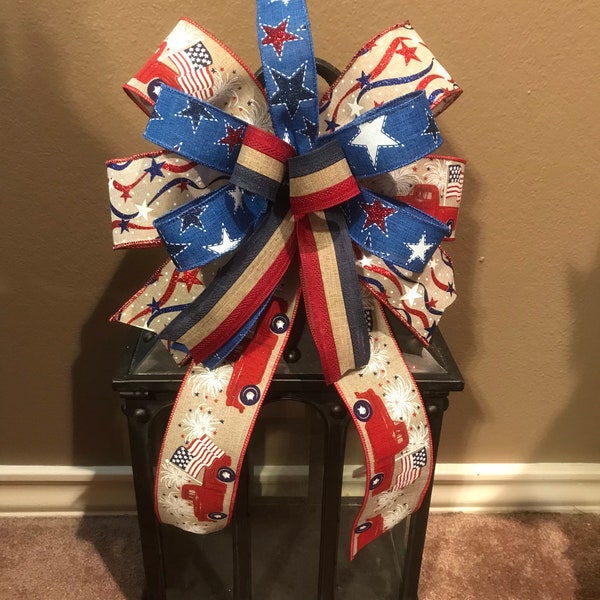 Patriotic Bow, 4th of July Bow, Vintage Truck Bow, Wreath Bow, Lantern Bow, Patriotic Wreath Bow, Basket Bow, Burlap Bow
