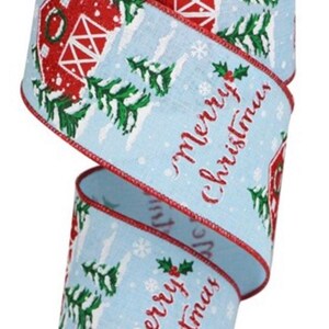 Christmas Ribbon, Farmhouse Barn Ribbon, Blue Ribbon, Merry Christmas Ribbon, 10 Yard Roll, 2.5&quot; Wire Edge Ribbon, Burlap Ribbon, RGB107614