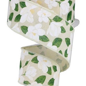 Magnolia Ribbon, Floral Ribbon, Tan Ribbon, Burlap Ribbon, 2 1/2&quot; Wired Ribbon, 10 Yard Roll