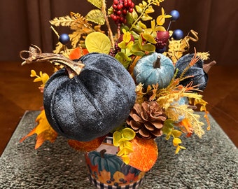 Fall Centerpiece, Blue Velvet Pumpkin Centerpiece, Fall Pumkpin Centerpiece, Fall Centerpiece, Thanksgiving Centerpiece, Fall Table Decor