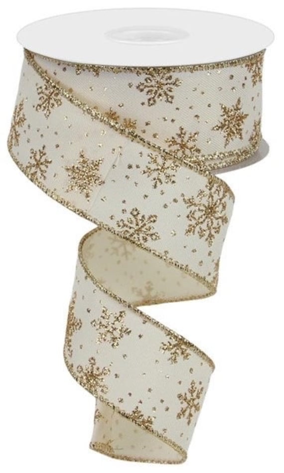 Beige Snowflake Ribbon Burlap White Snowflake Ribbon 1.5 Inch Wired Ribbon