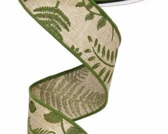 Green Ribbon, Greenery Ribbon, Leaf Ribbon, Burlap Ribbon, 1 1/2", Wire Ribbon, 10 Yard Roll