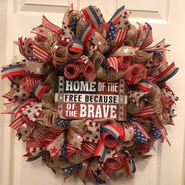 Patriotic Wreath, Home of the Free Because of the Brave, door wreath, 4th of July wreath, Memorial Day Wreath, Red White and Blue Wreath