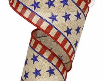 Patriotic Ribbon, Star and Stripes Ribbon, Red White and Blue Ribbon, Burlap Ribbon, 2.5" Wired Ribbon, 10 Yard Roll, RG01253H6