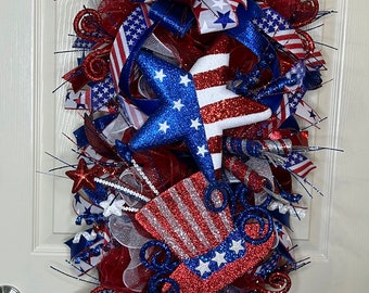 Patriotic Wreath, Patriotic Teardrop Swag, Door Swag, Floral Wreath, Summer Wreath, Red White Blue Wreath, 4th of July Wreath