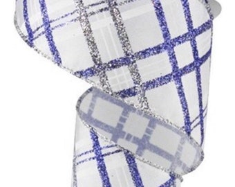 Glitter Plaid Ribbon, Blue Ribbon, Silver Ribbon, Diamond Plaid Ribbon, Christmas Ribbon, 10 Yard Roll, 2.5" Wire Edge Ribbon, RW7623YW