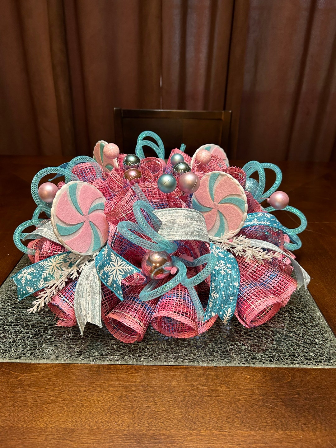 Christmas Centerpiece, Holiday Centerpiece, Pink and Blue Candy